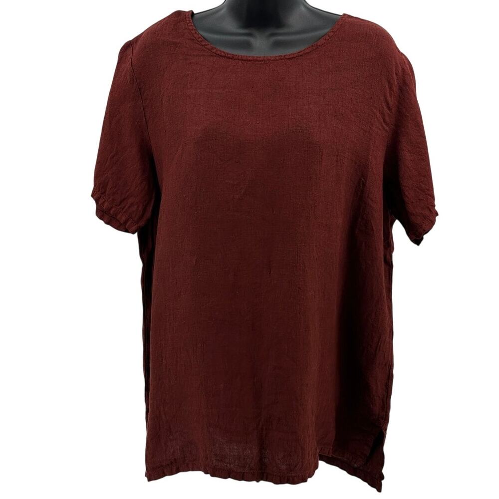 Xcit USA Linen Top WMNS M Burnt Orange Short Sleeve Side Slit Round Neck Vtg